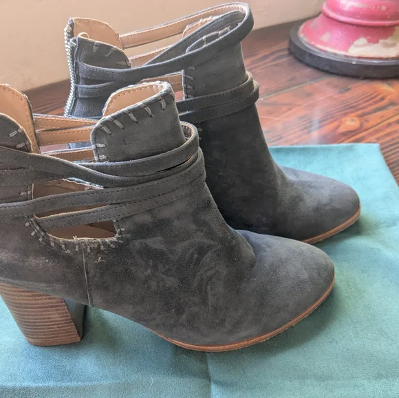 Anthropologie Suede Block Heel Ankle Boots Gray Taupe Cutout Strap Size 8 - Picture 3 of 6
